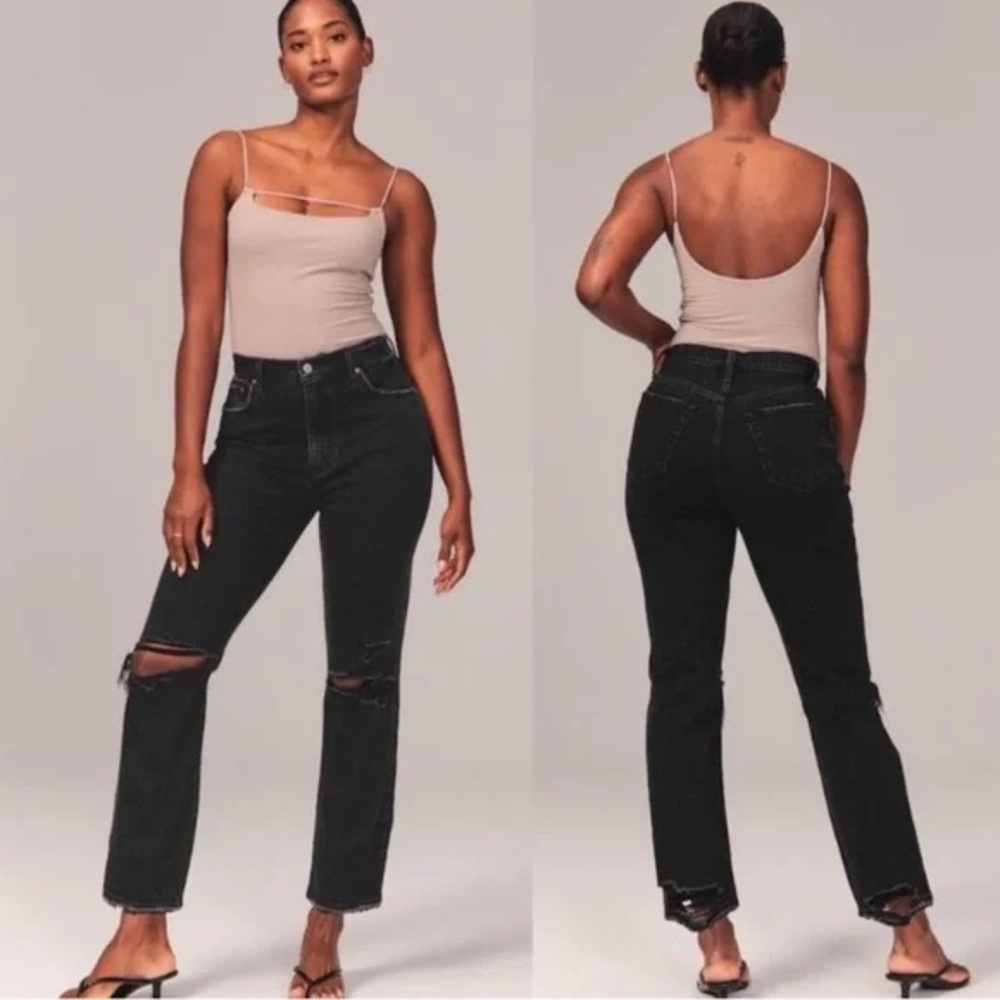Abercrombie & Fitch Black Distressed Ankle Straight Ultra High Rise Jeans